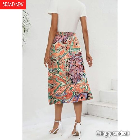Boho Midi Skirt with Pockets High Waisted A-Line Summer Beach Cover Up - Picture 3 of 7